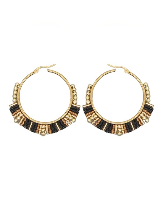 Fashion Jewelry Jewelry - Beaded Hoop Earrings Black & Gold Miyuki Rice Beads